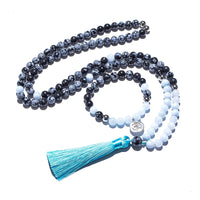 Edelstein Mala Halskette Schneeflocken Obsidian Aquamarin - innere Ruhe Mala Ketten Dein Heiliges Chakra