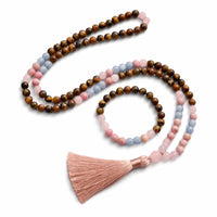 Edelstein Mala Halskette Tigerauge Rosenquarz Aquamarin - Herz & Mut Mala Ketten Dein Heiliges Chakra