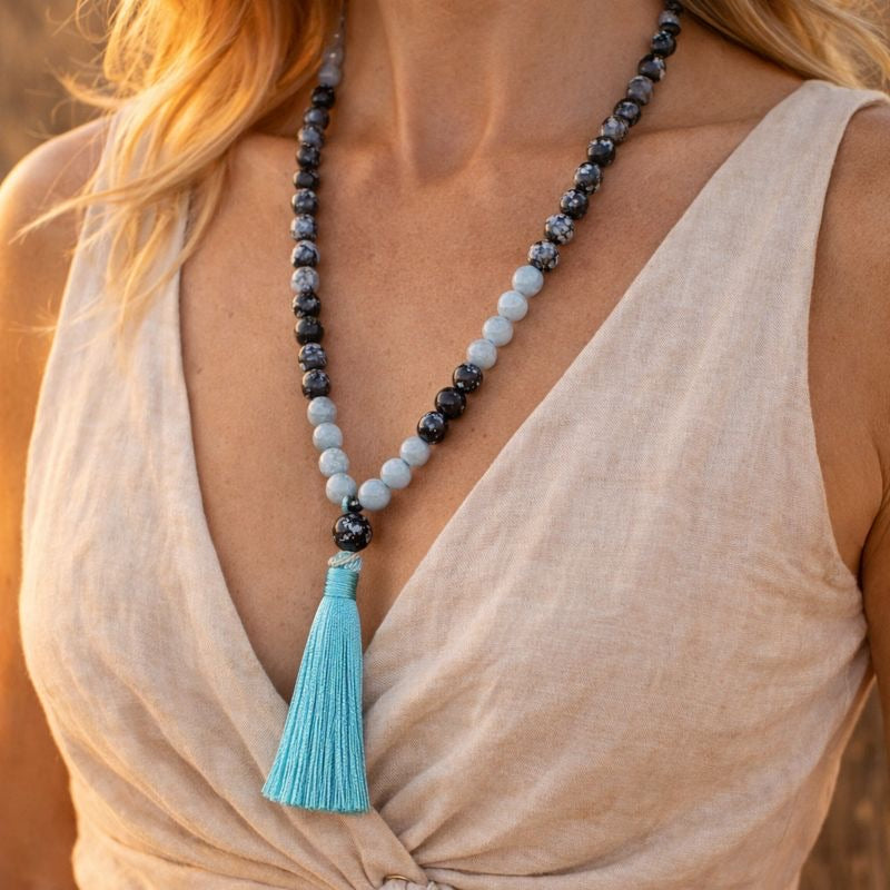 Edelstein Mala Halskette Schneeflocken Obsidian Aquamarin - innere Ruhe Mala Ketten Dein Heiliges Chakra