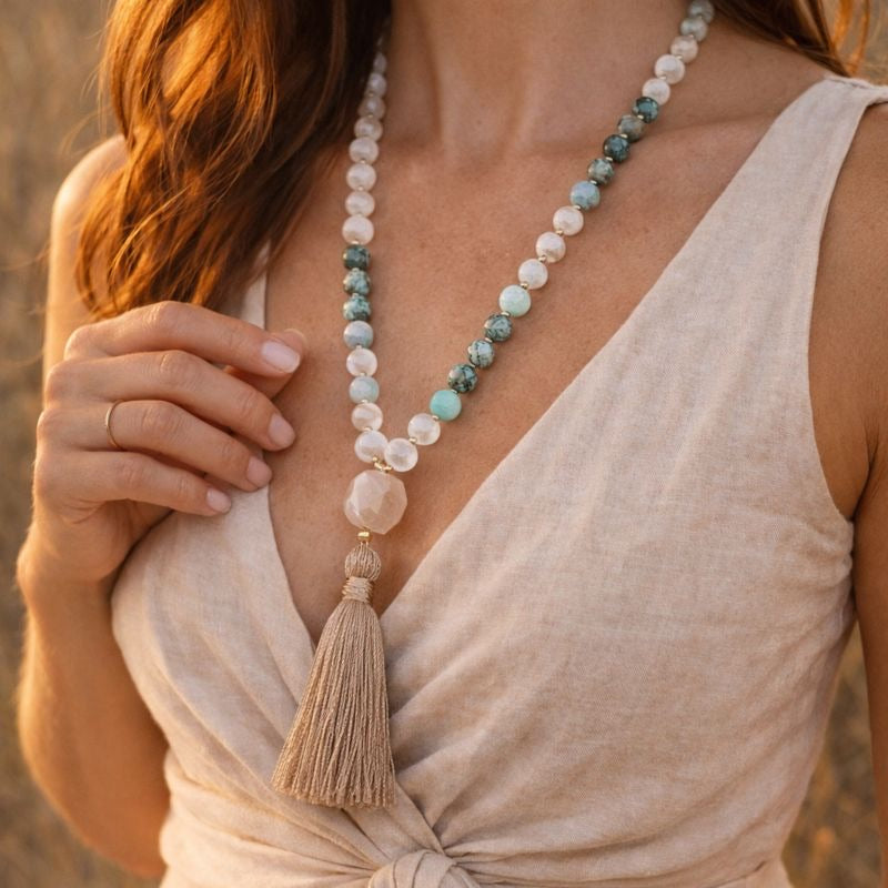 Edelstein Mala Halskette Bergkristall Türkis Amazonit - Balance Mala Ketten Dein Heiliges Chakra