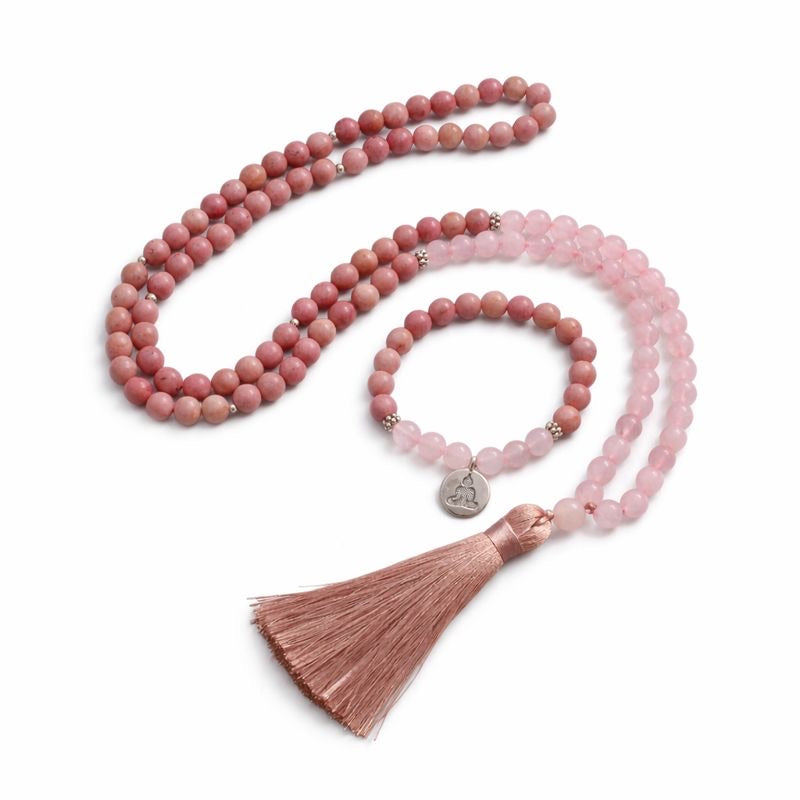 Edelstein Mala Halskette Rhodonit Rosenquarz - Selbstliebe & Vertrauen Mala Ketten Dein Heiliges Chakra