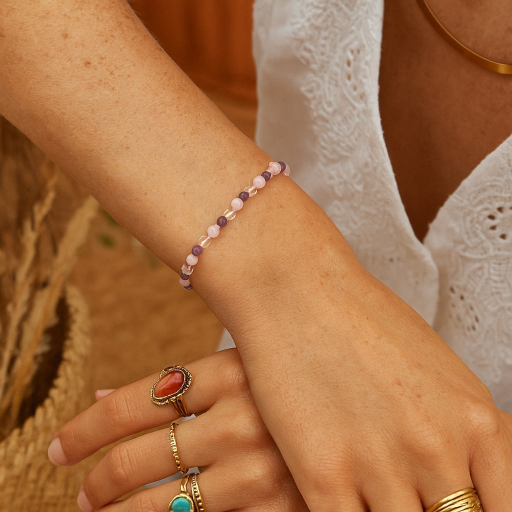 AMETHYST ROSENQUARZ BERGKRISTALL Armband - Goldenes Dreieck 4mm Armbänder Dein Heiliges Chakra