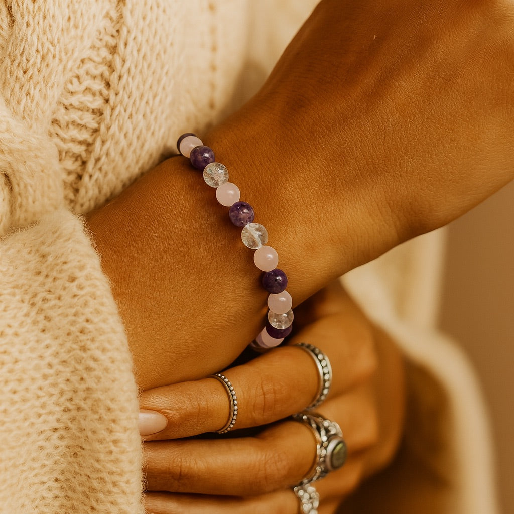 AMETHYST ROSENQUARZ BERGKRISTALL Armband - Goldenes Dreieck Armbänder Dein Heiliges Chakra