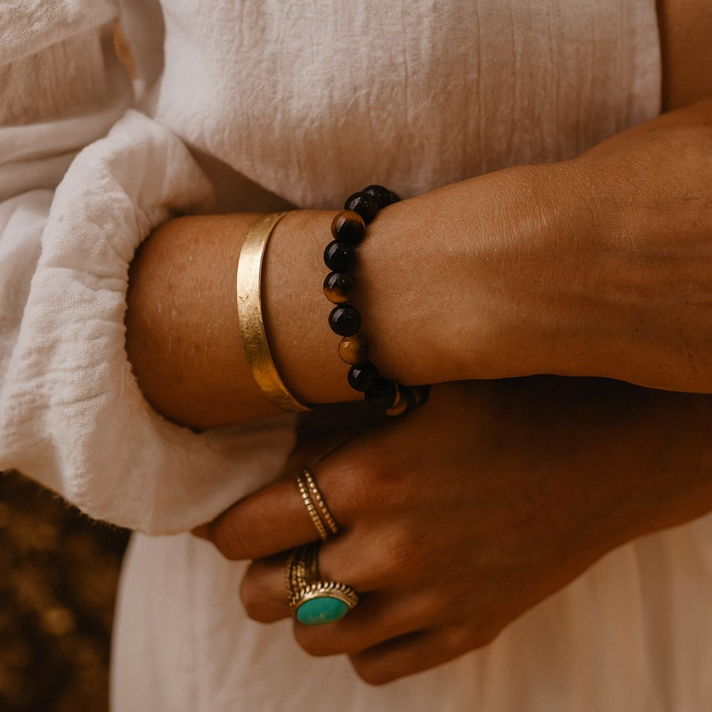 Tiger Auge & Turmalin, Hämatit Stretch Armband - 3 Fach Schutz Armbänder Dein Heiliges Chakra